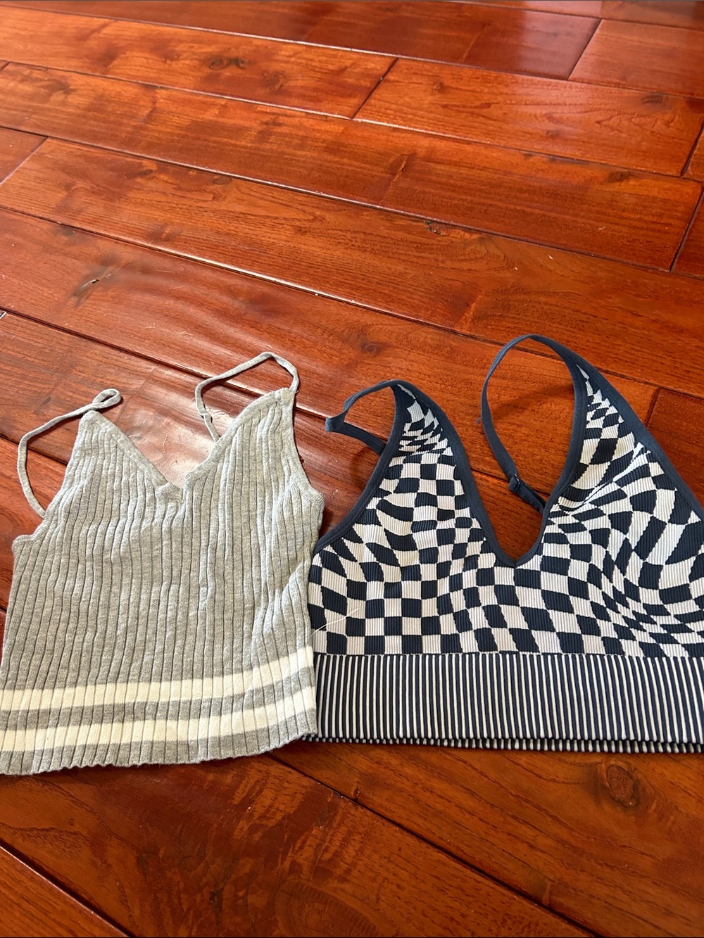 Garage Gray Ribbed Camisole & Navy White Checkered Bralette Set